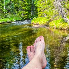 Warme dagen op het zwemplatform aan de rivier